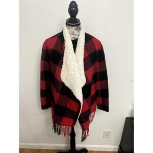 Hollister Sherpa Red & Black Plaid Jacket W/ Fringe Rustic Western Chic Sz XS